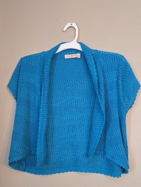 Choices - Bright Teal Blue Open-Weave Short Sleeve Cardigan